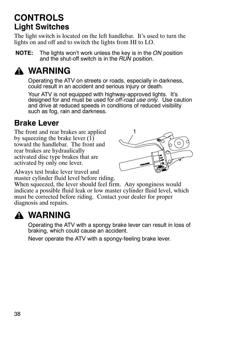 Controls, Warning, Light switches | Brake lever | Polaris Sportsmabn X2 500 EFI User Manual | Page 41 / 136
