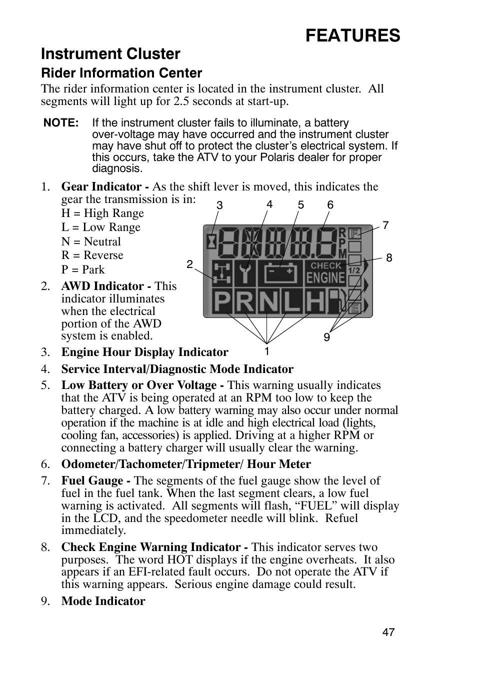 Features, Instrument cluster | Polaris Sportsmabn X2 500 EFI User Manual | Page 50 / 136