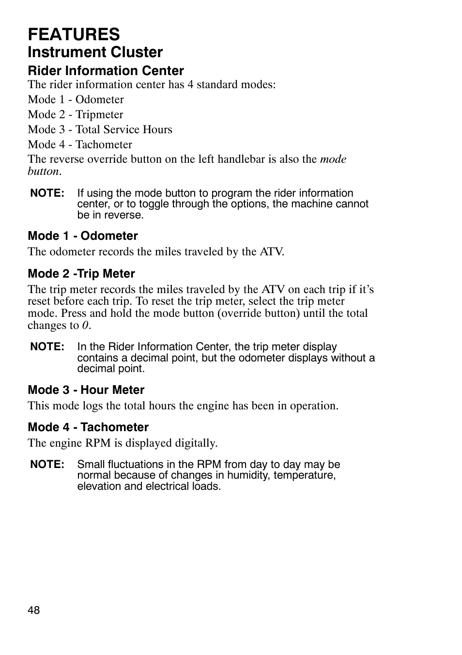 Features, Instrument cluster | Polaris Sportsmabn X2 500 EFI User Manual | Page 51 / 136