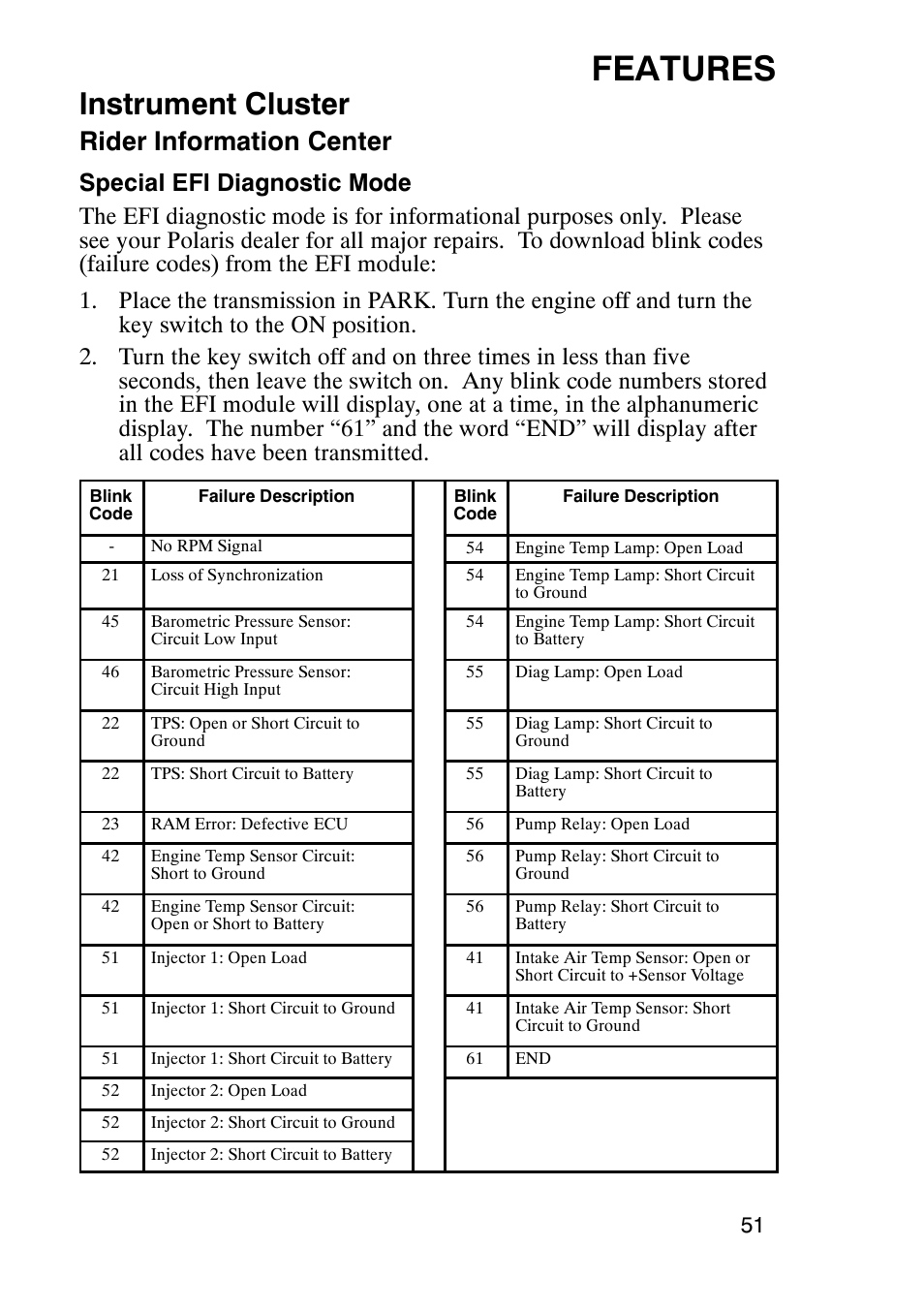 Features, Instrument cluster, Rider information center | Polaris Sportsmabn X2 500 EFI User Manual | Page 54 / 136
