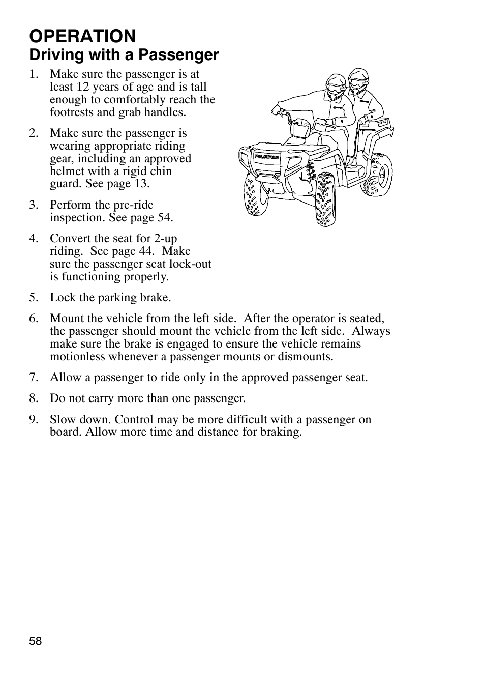 Operation, Driving with a passenger | Polaris Sportsmabn X2 500 EFI User Manual | Page 61 / 136