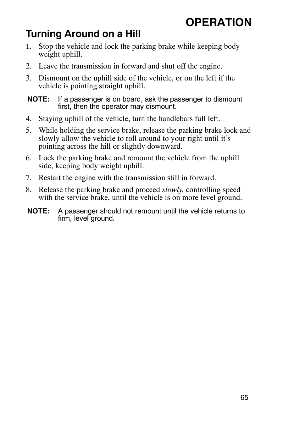 Operation, Turning around on a hill | Polaris Sportsmabn X2 500 EFI User Manual | Page 68 / 136