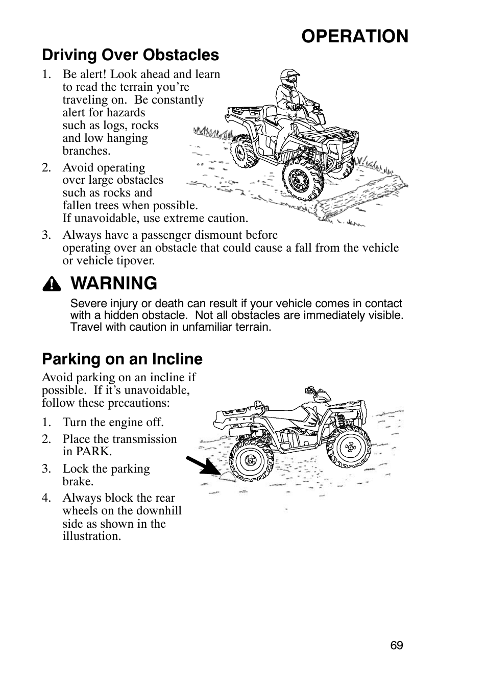 Operation, Warning, Driving over obstacles | Parking on an incline | Polaris Sportsmabn X2 500 EFI User Manual | Page 72 / 136