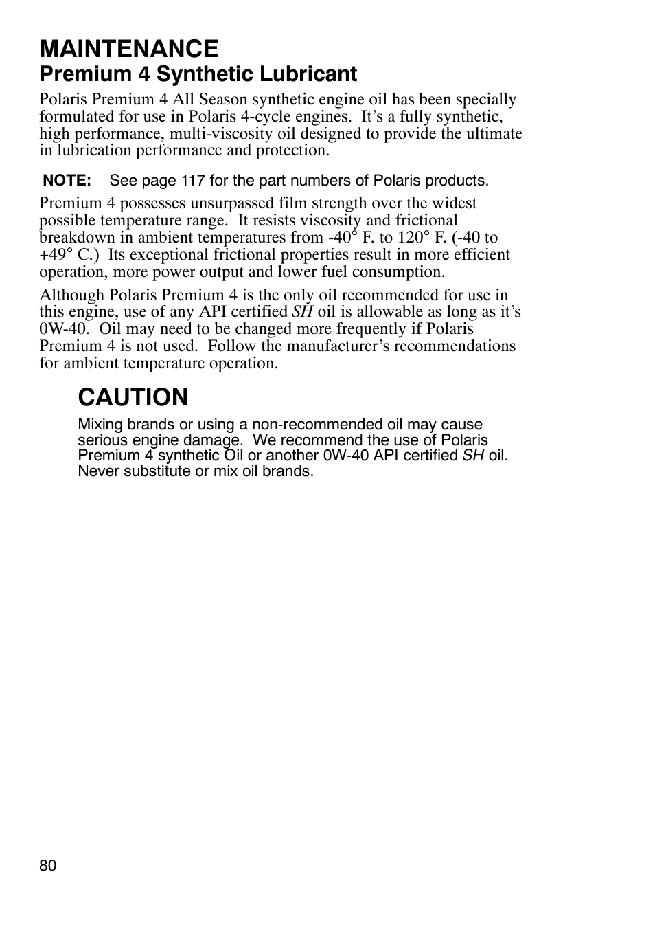 Maintenance, Caution, Premium 4 synthetic lubricant | Polaris Sportsmabn X2 500 EFI User Manual | Page 83 / 136