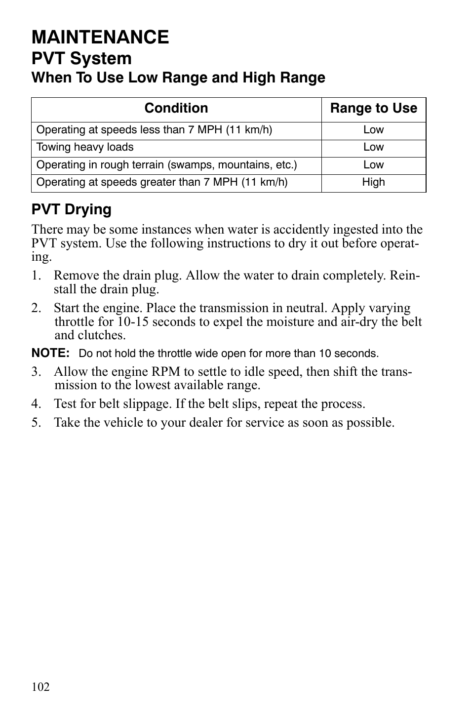 Maintenance, Pvt system, When to use low range and high range pvt drying | Polaris Sportsman 9920775 User Manual | Page 105 / 144