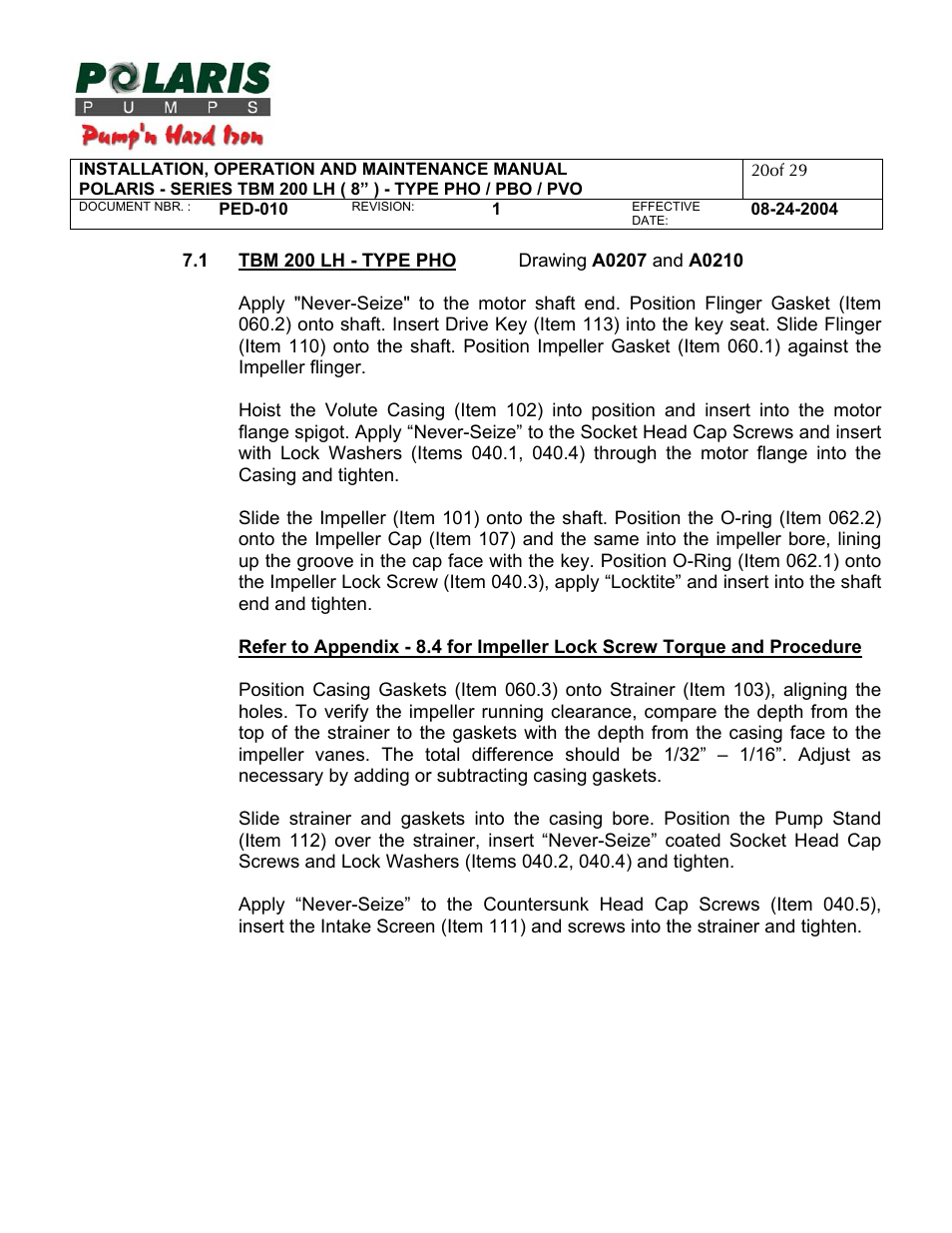1 - assembly instructions, 1 - tbm 200 lh type pho | Polaris TBM 200 LH User Manual | Page 20 / 50