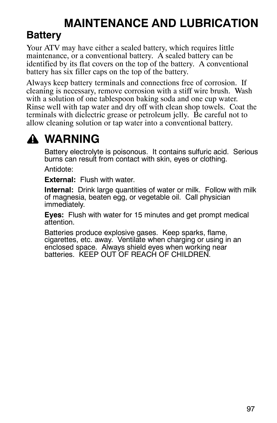 Maintenance and lubrication, Warning, Battery | Polaris Hawkeye 4x4 User Manual | Page 100 / 134