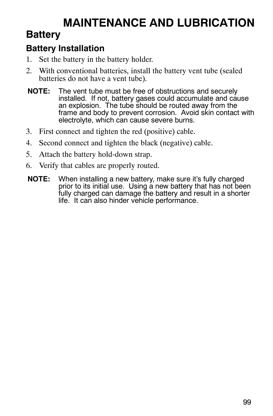 Maintenance and lubrication, Battery | Polaris Hawkeye 4x4 User Manual | Page 102 / 134