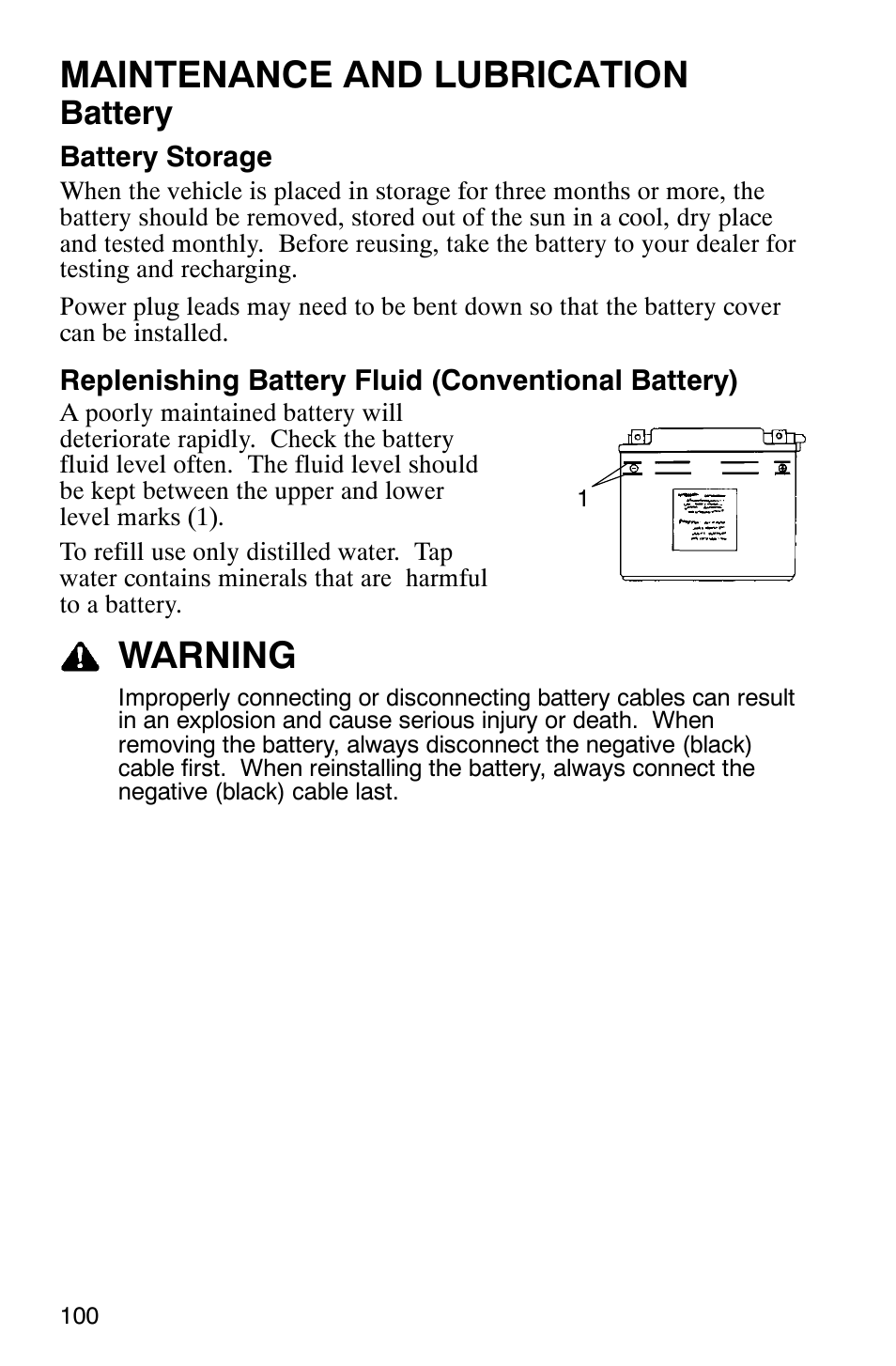 Maintenance and lubrication, Warning, Battery | Polaris Hawkeye 4x4 User Manual | Page 103 / 134