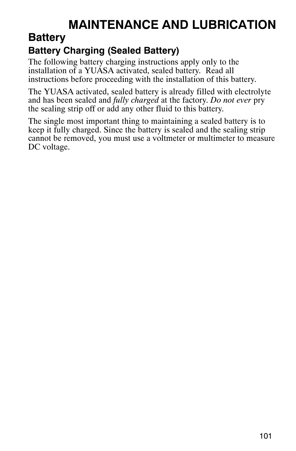 Maintenance and lubrication, Battery | Polaris Hawkeye 4x4 User Manual | Page 104 / 134