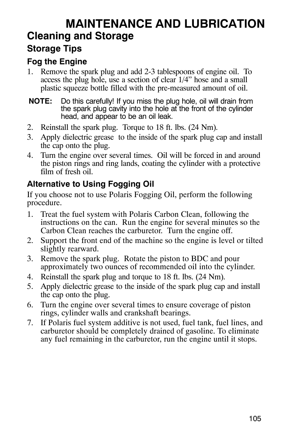 Maintenance and lubrication, Cleaning and storage | Polaris Hawkeye 4x4 User Manual | Page 108 / 134