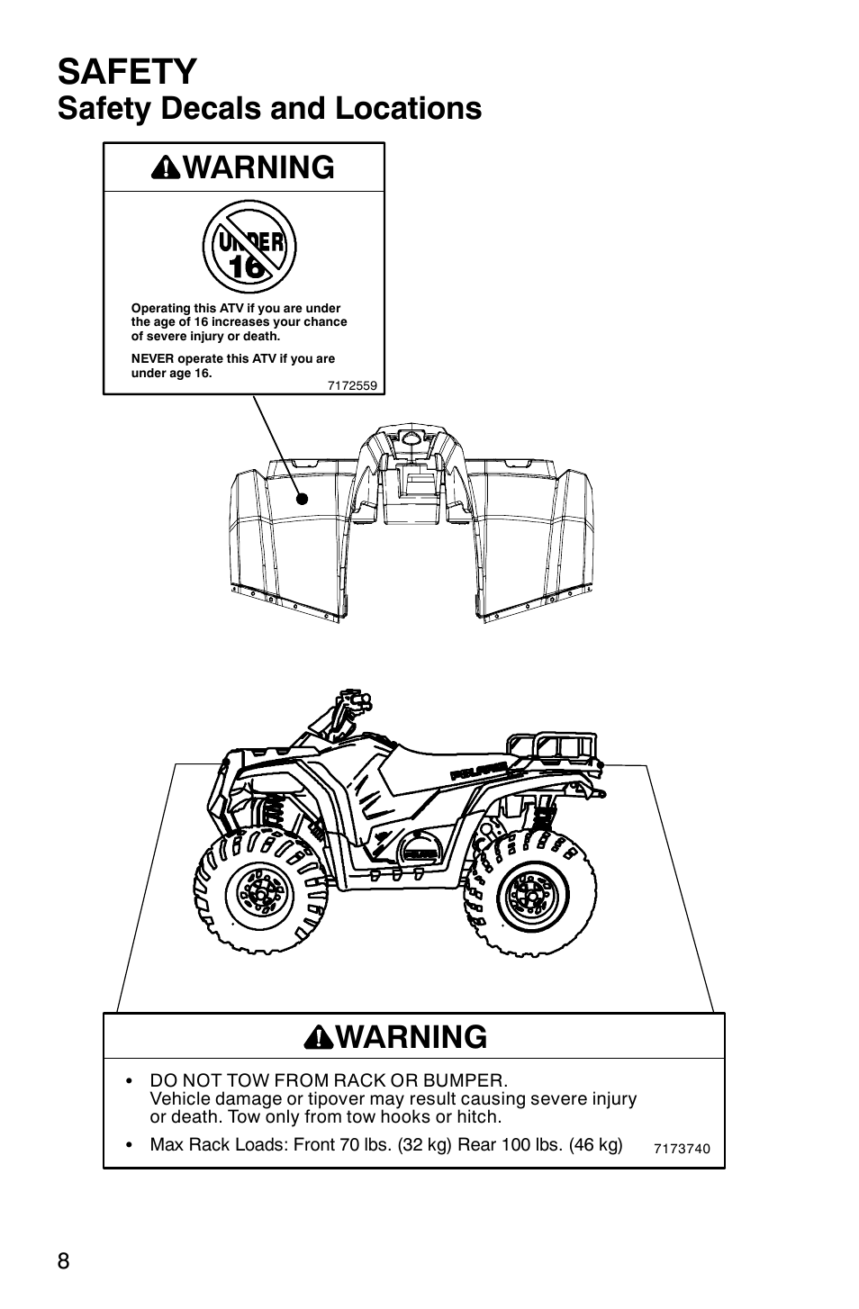 Safety, Warning, Safety decals and locations | Polaris Hawkeye 4x4 User Manual | Page 11 / 134
