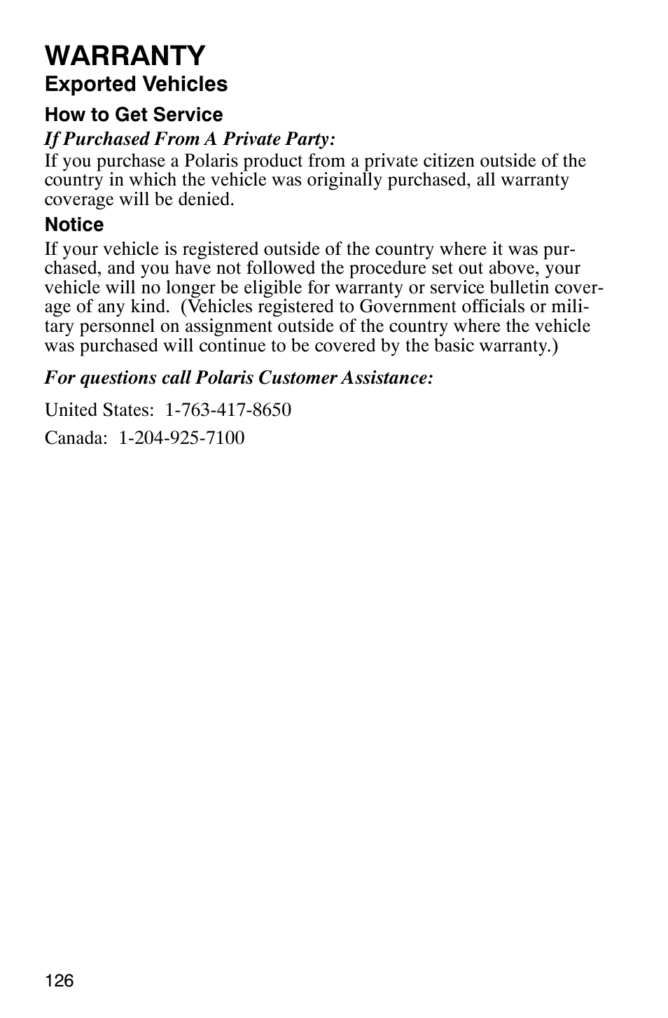 Warranty | Polaris Hawkeye 4x4 User Manual | Page 129 / 134