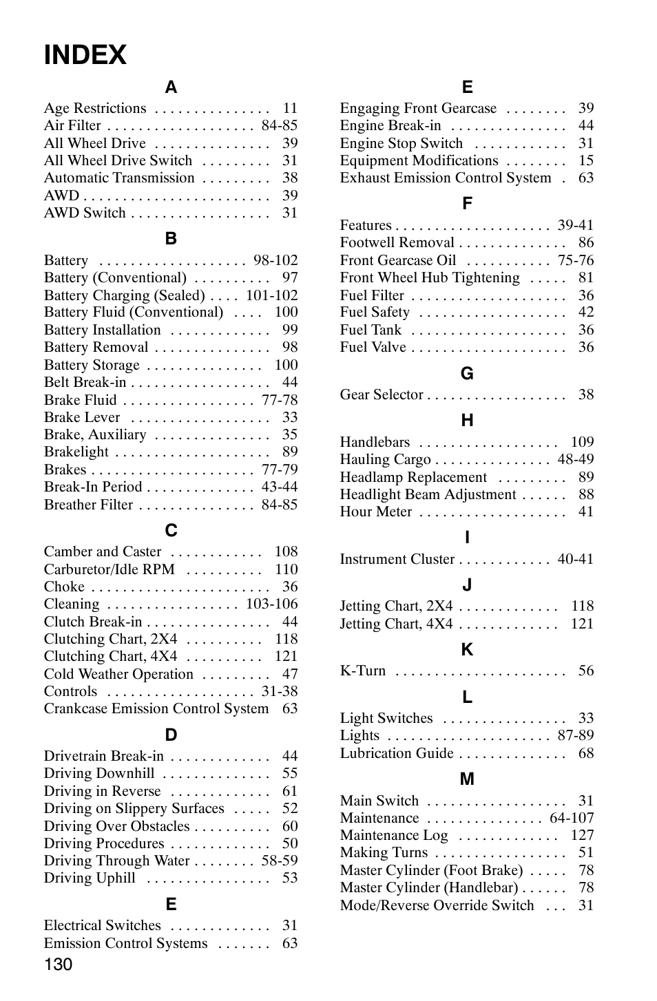 Index | Polaris Hawkeye 4x4 User Manual | Page 133 / 134