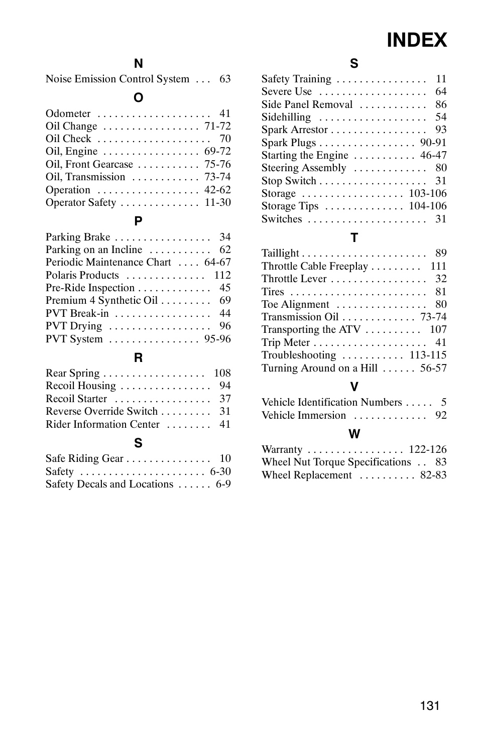 Index | Polaris Hawkeye 4x4 User Manual | Page 134 / 134