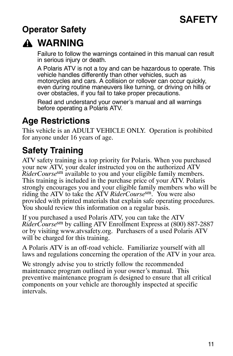 Safety, Warning, Operator safety | Age restrictions, Safety training | Polaris Hawkeye 4x4 User Manual | Page 14 / 134