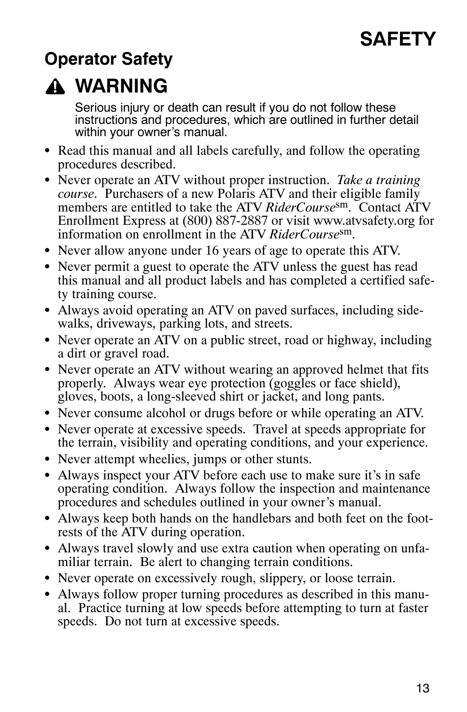 Safety, Warning, Operator safety | Polaris Hawkeye 4x4 User Manual | Page 16 / 134