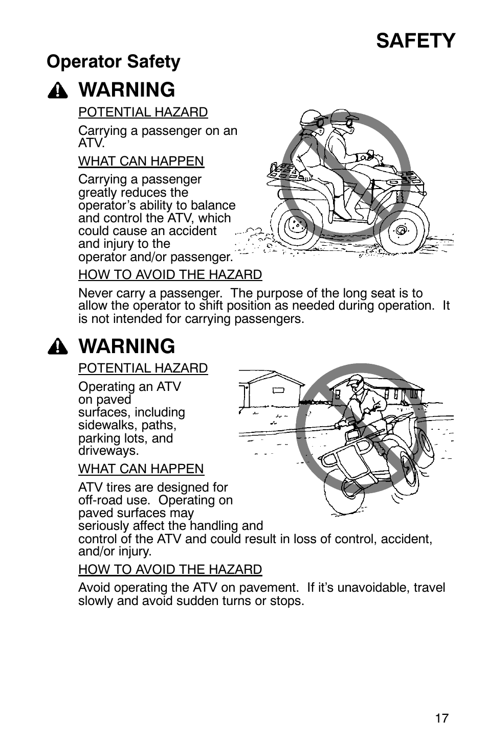 Safety, Warning, Operator safety | Polaris Hawkeye 4x4 User Manual | Page 20 / 134