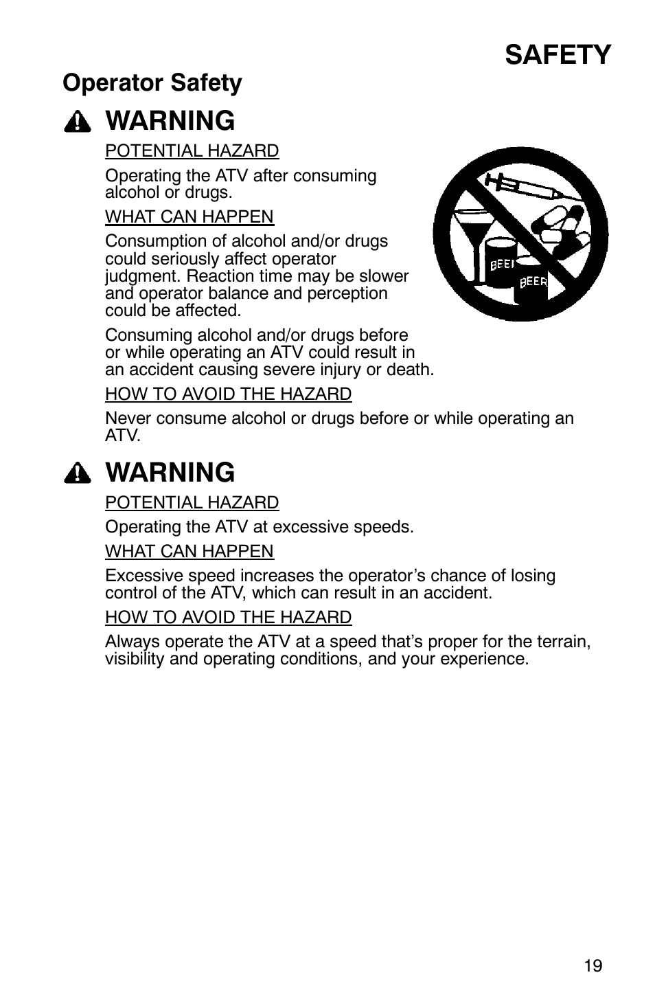 Safety, Warning, Operator safety | Polaris Hawkeye 4x4 User Manual | Page 22 / 134