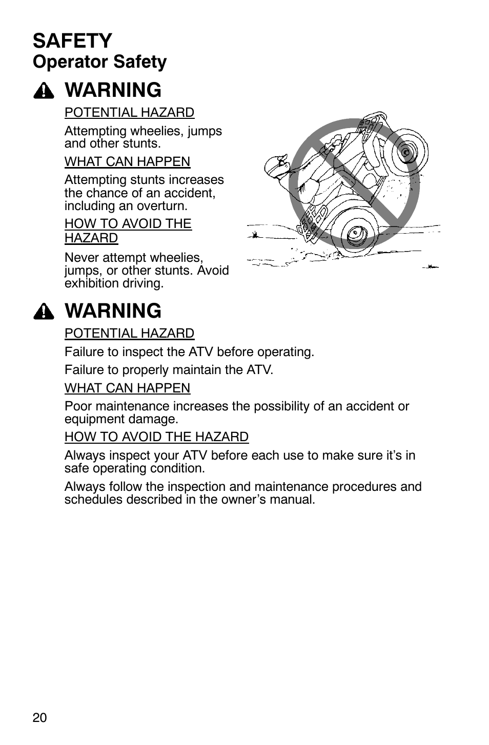 Safety, Warning, Operator safety | Polaris Hawkeye 4x4 User Manual | Page 23 / 134