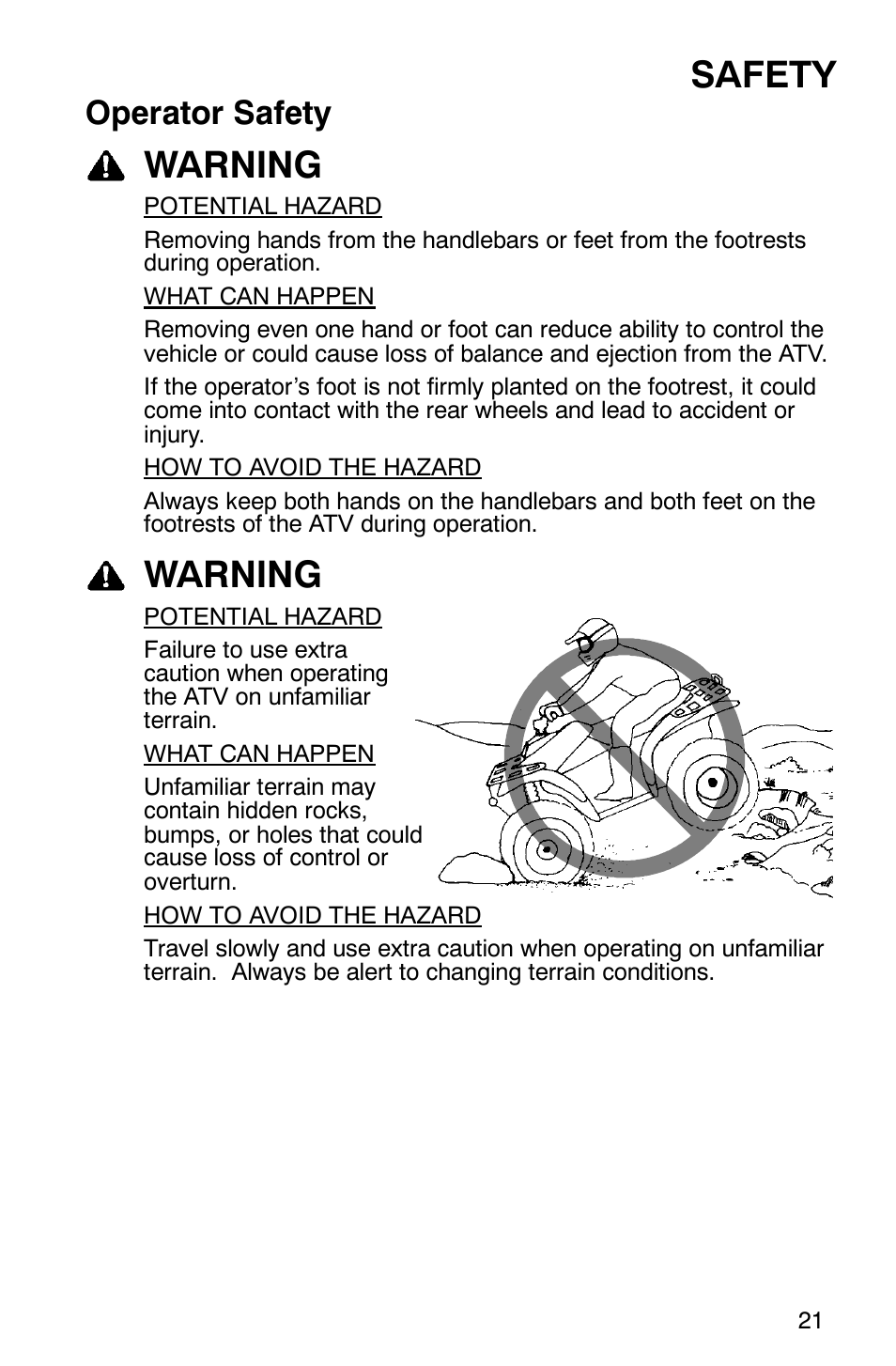 Safety, Warning, Operator safety | Polaris Hawkeye 4x4 User Manual | Page 24 / 134