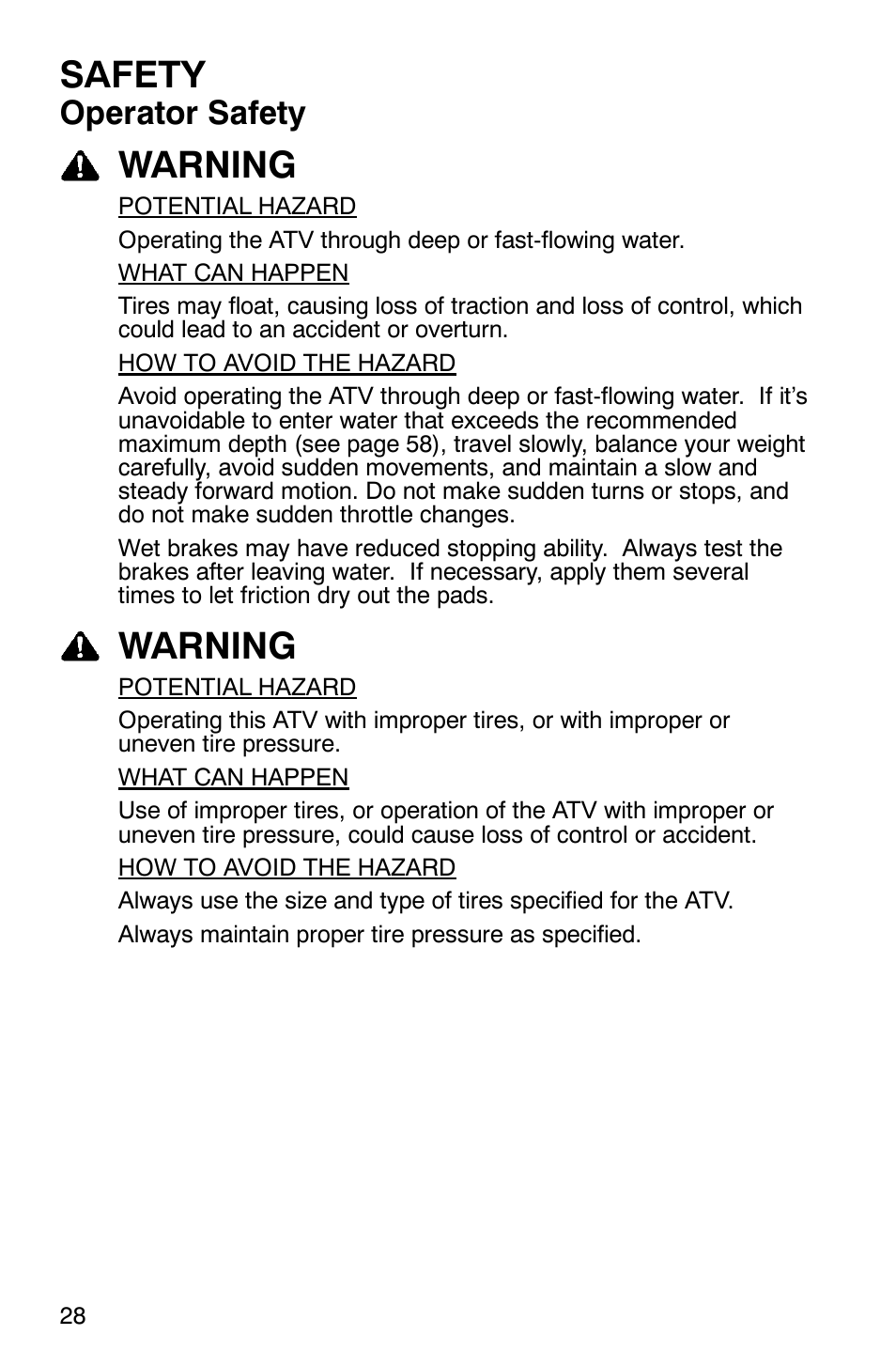 Safety, Warning, Operator safety | Polaris Hawkeye 4x4 User Manual | Page 31 / 134