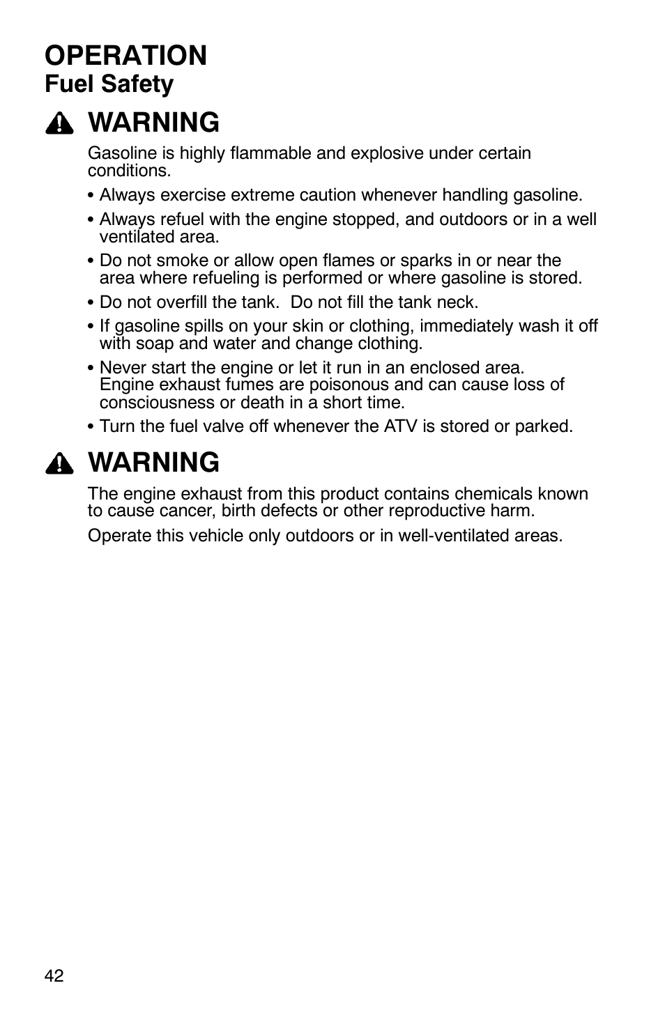 Operation, Warning, Fuel safety | Polaris Hawkeye 4x4 User Manual | Page 45 / 134