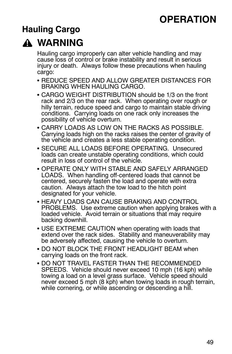 Operation, Warning, Hauling cargo | Polaris Hawkeye 4x4 User Manual | Page 52 / 134