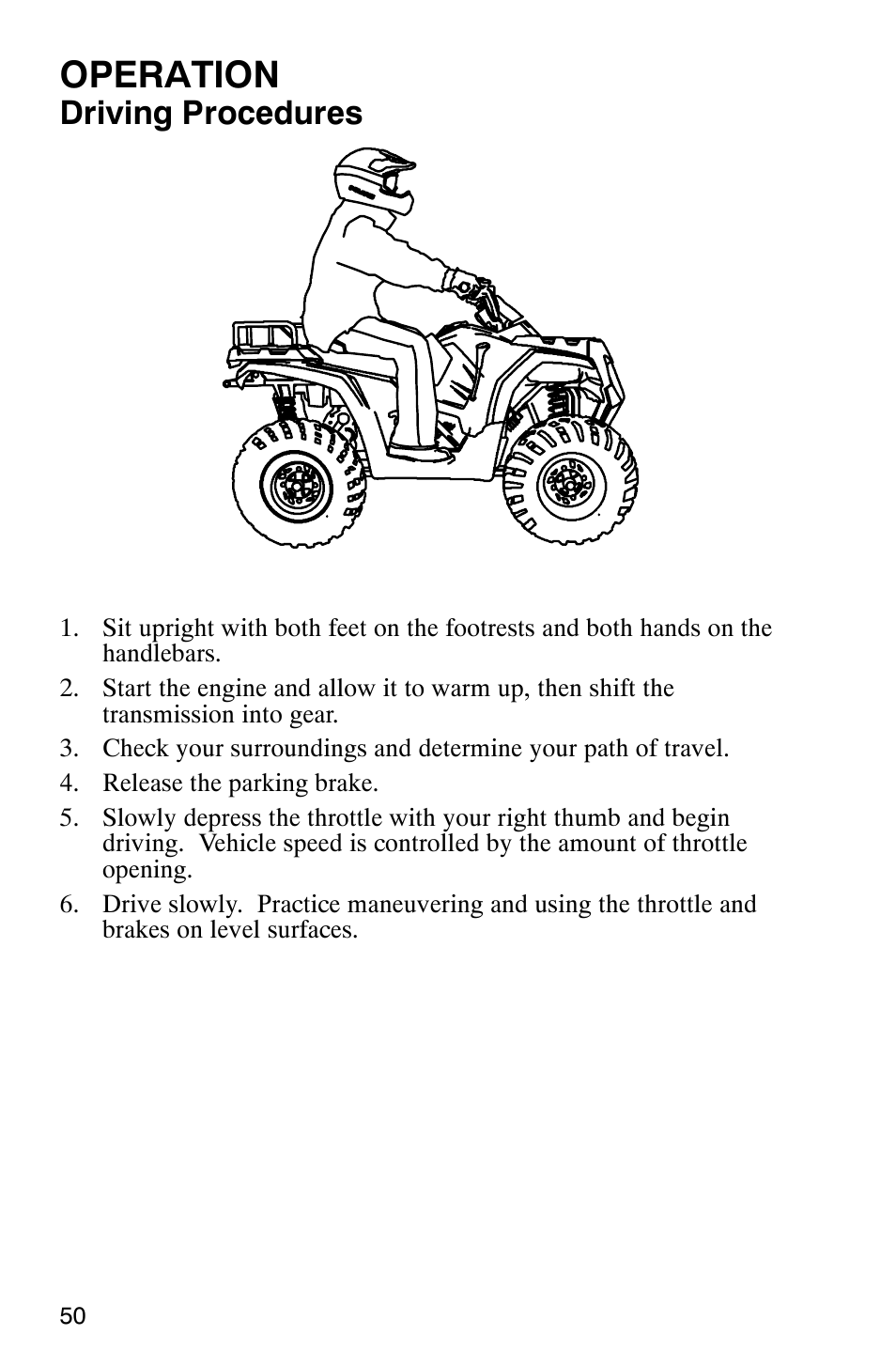 Operation, Driving procedures | Polaris Hawkeye 4x4 User Manual | Page 53 / 134
