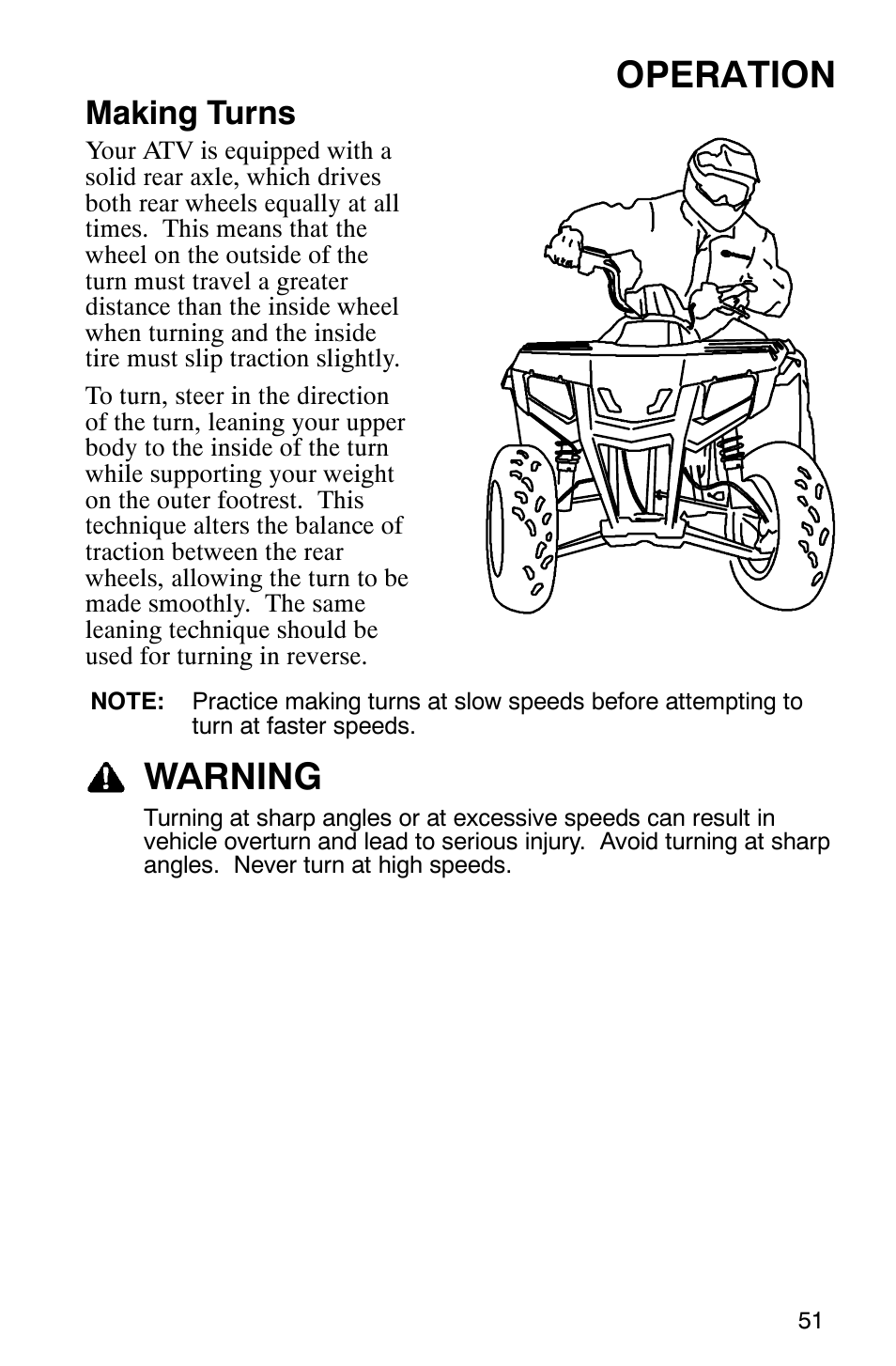 Operation, Warning, Making turns | Polaris Hawkeye 4x4 User Manual | Page 54 / 134