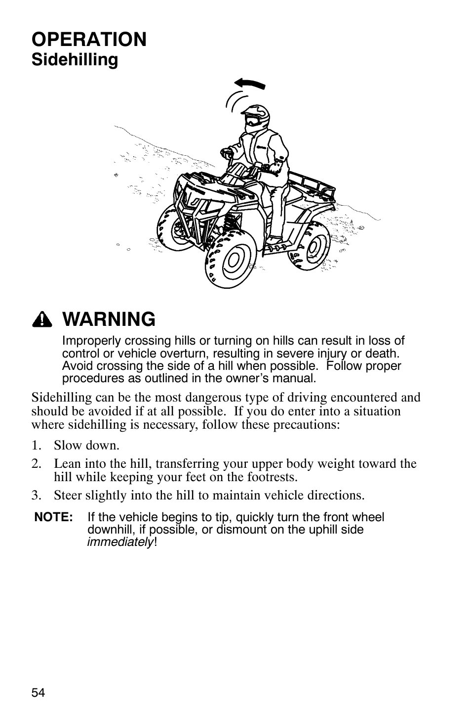 Operation, Warning, Sidehilling | Polaris Hawkeye 4x4 User Manual | Page 57 / 134