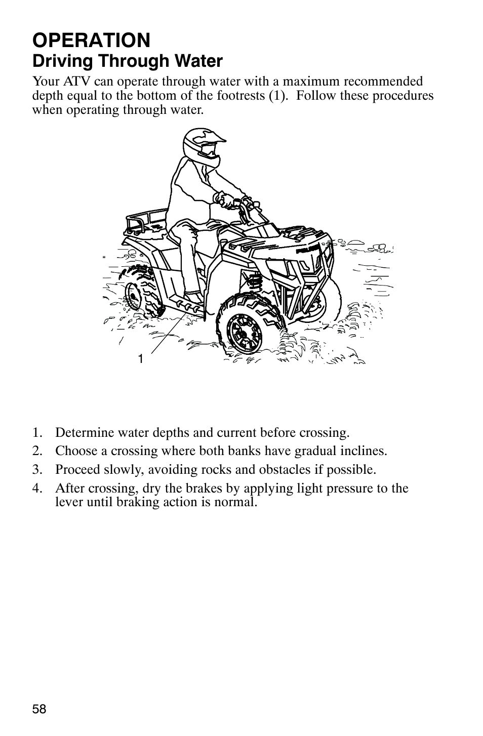 Operation, Driving through water | Polaris Hawkeye 4x4 User Manual | Page 61 / 134