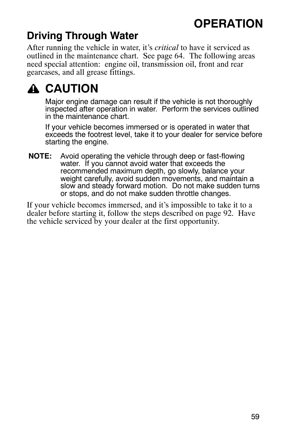 Operation, Caution, Driving through water | Polaris Hawkeye 4x4 User Manual | Page 62 / 134