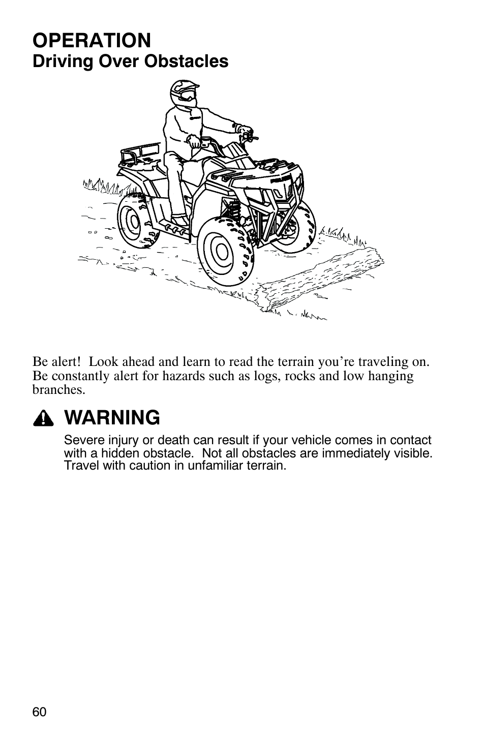 Operation, Warning, Driving over obstacles | Polaris Hawkeye 4x4 User Manual | Page 63 / 134