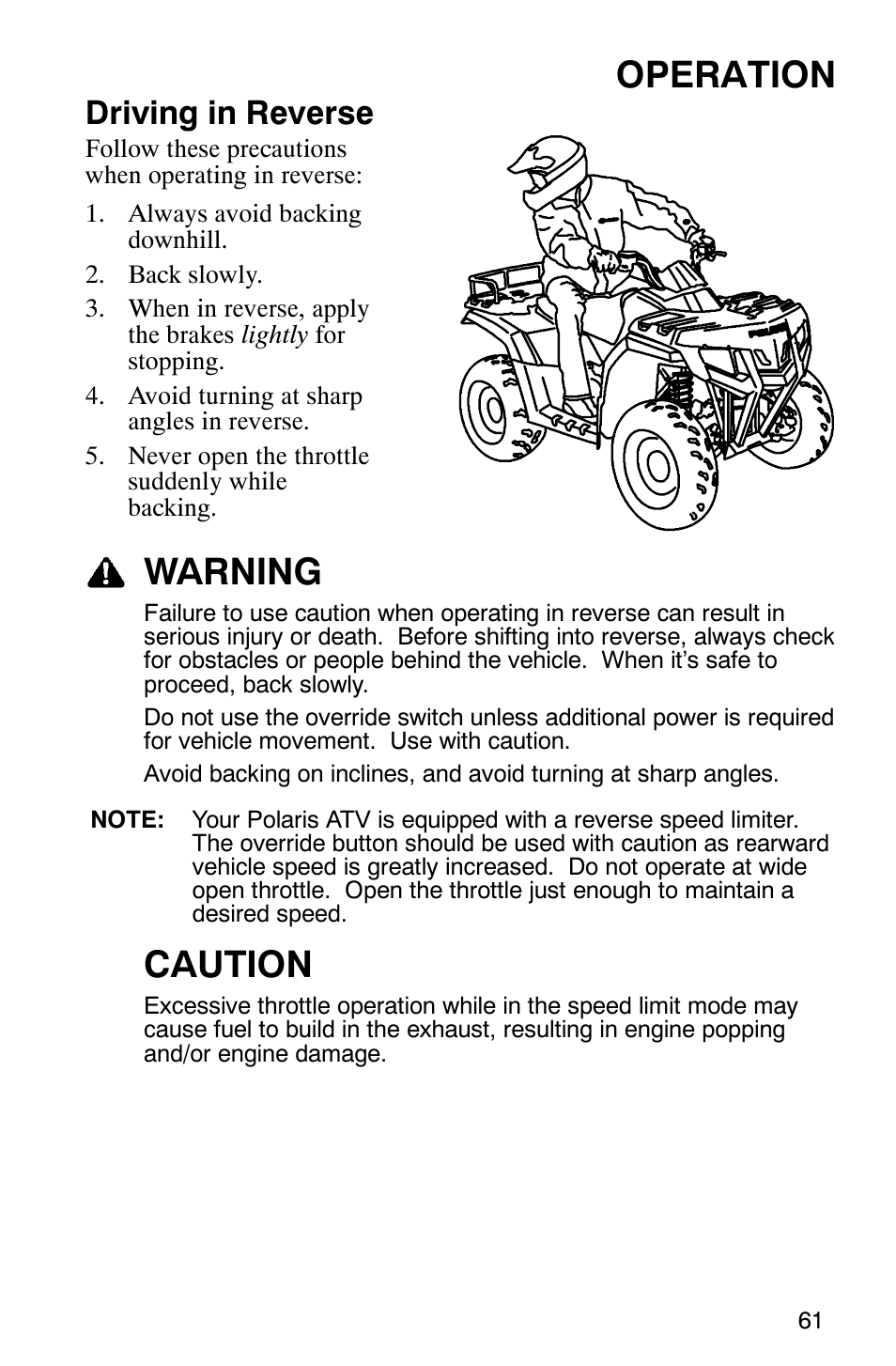 Operation, Warning, Caution | Driving in reverse | Polaris Hawkeye 4x4 User Manual | Page 64 / 134