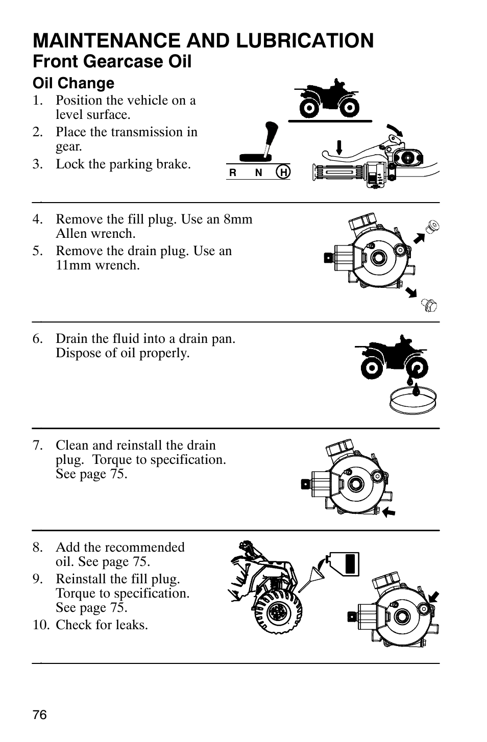 Maintenance and lubrication, Front gearcase oil | Polaris Hawkeye 4x4 User Manual | Page 79 / 134