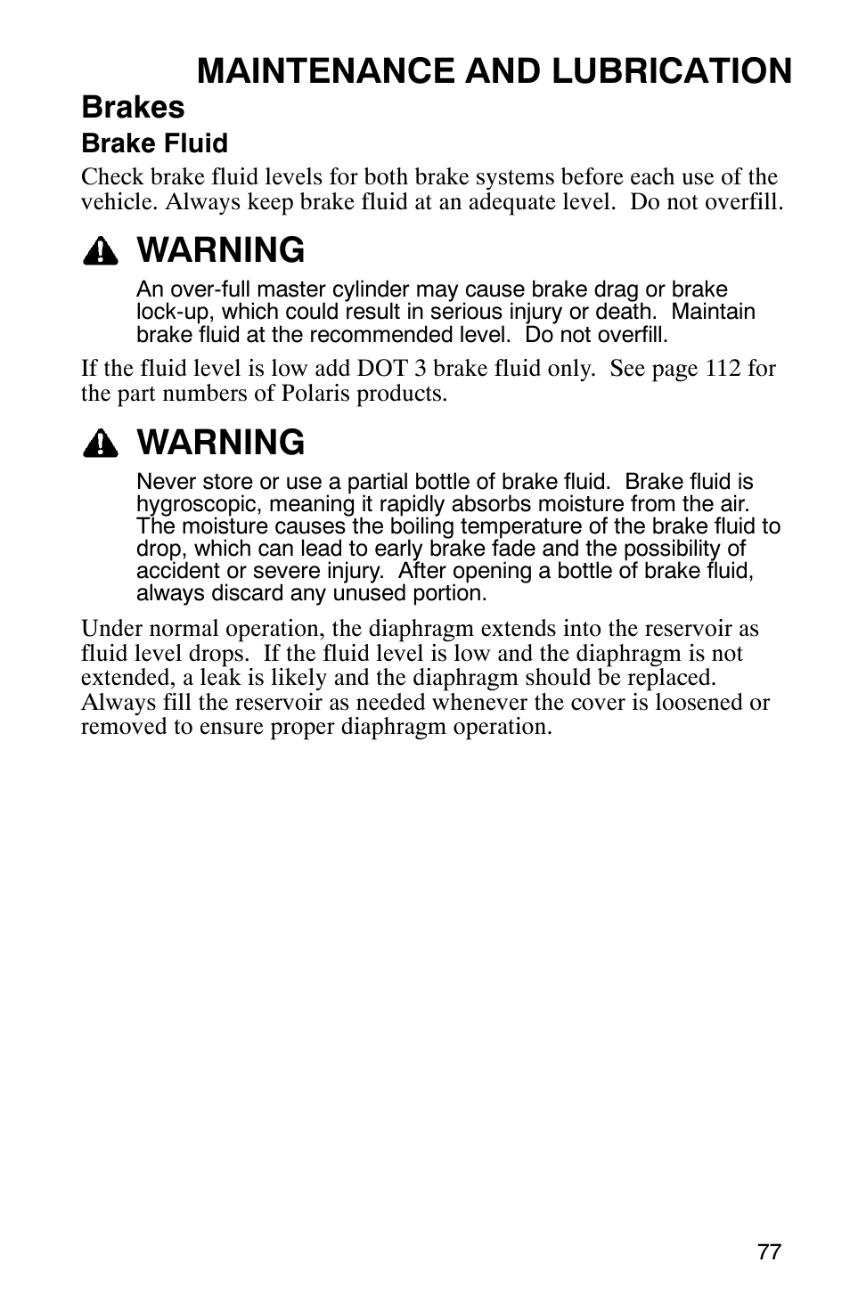 Maintenance and lubrication, Warning, Brakes | Polaris Hawkeye 4x4 User Manual | Page 80 / 134