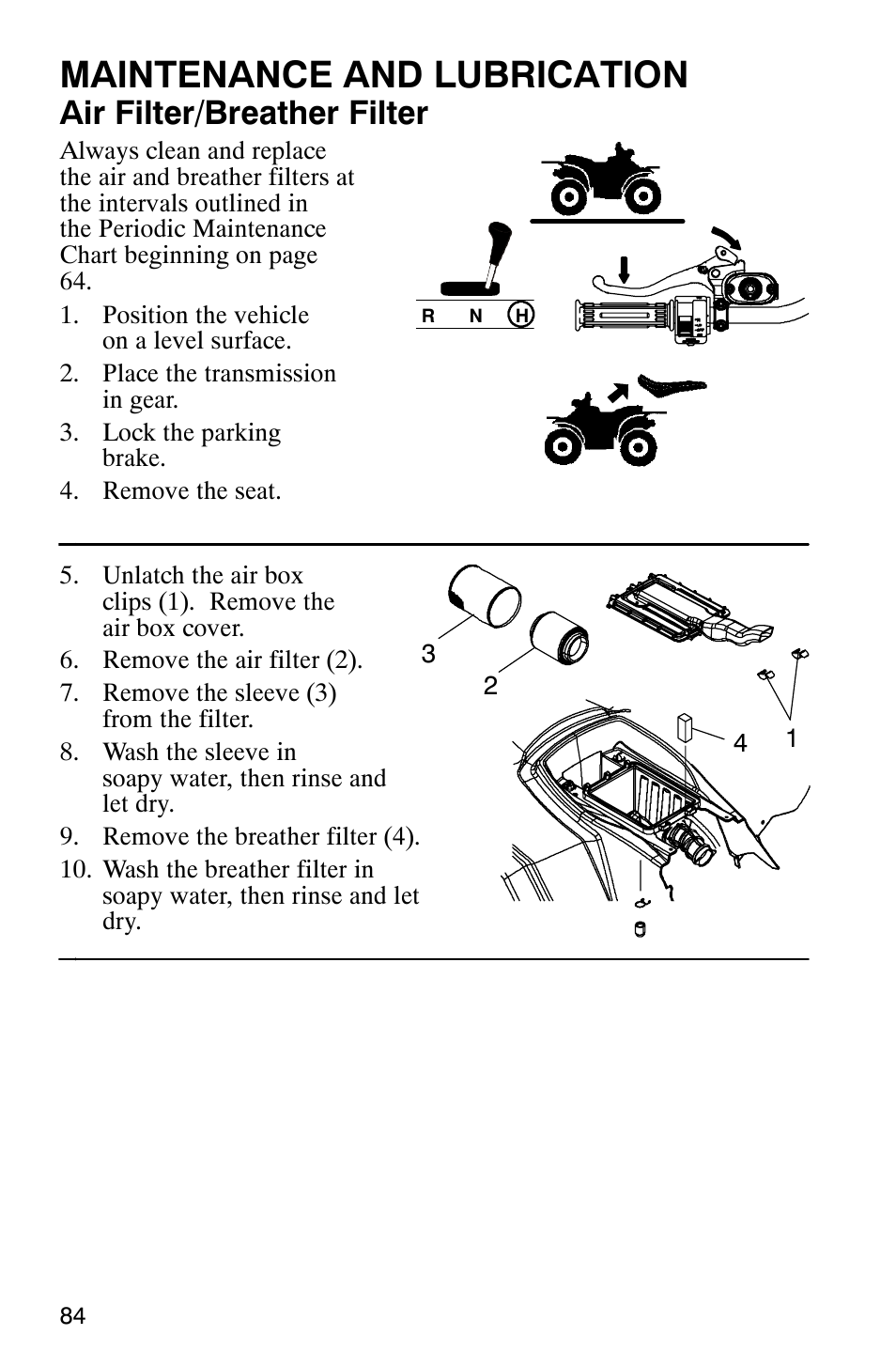 Maintenance and lubrication, Air filter/breather filter | Polaris Hawkeye 4x4 User Manual | Page 87 / 134