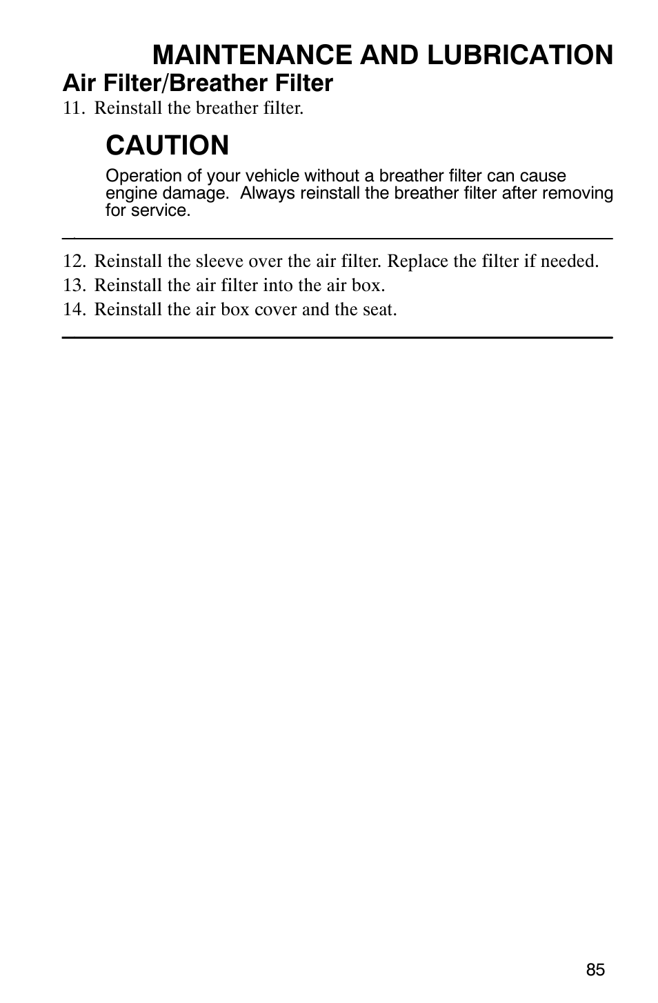 Maintenance and lubrication, Caution, Air filter/breather filter | Polaris Hawkeye 4x4 User Manual | Page 88 / 134