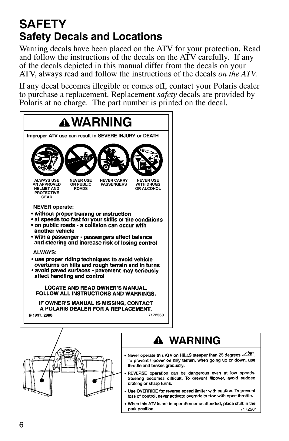 Safety, Safety decals and locations, Warning | Polaris Hawkeye 4x4 User Manual | Page 9 / 134
