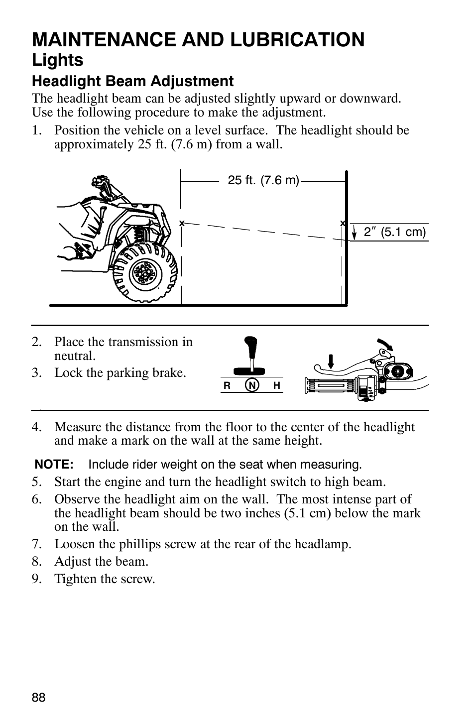 Maintenance and lubrication, Lights, Headlight beam adjustment | Polaris Hawkeye 4x4 User Manual | Page 91 / 134