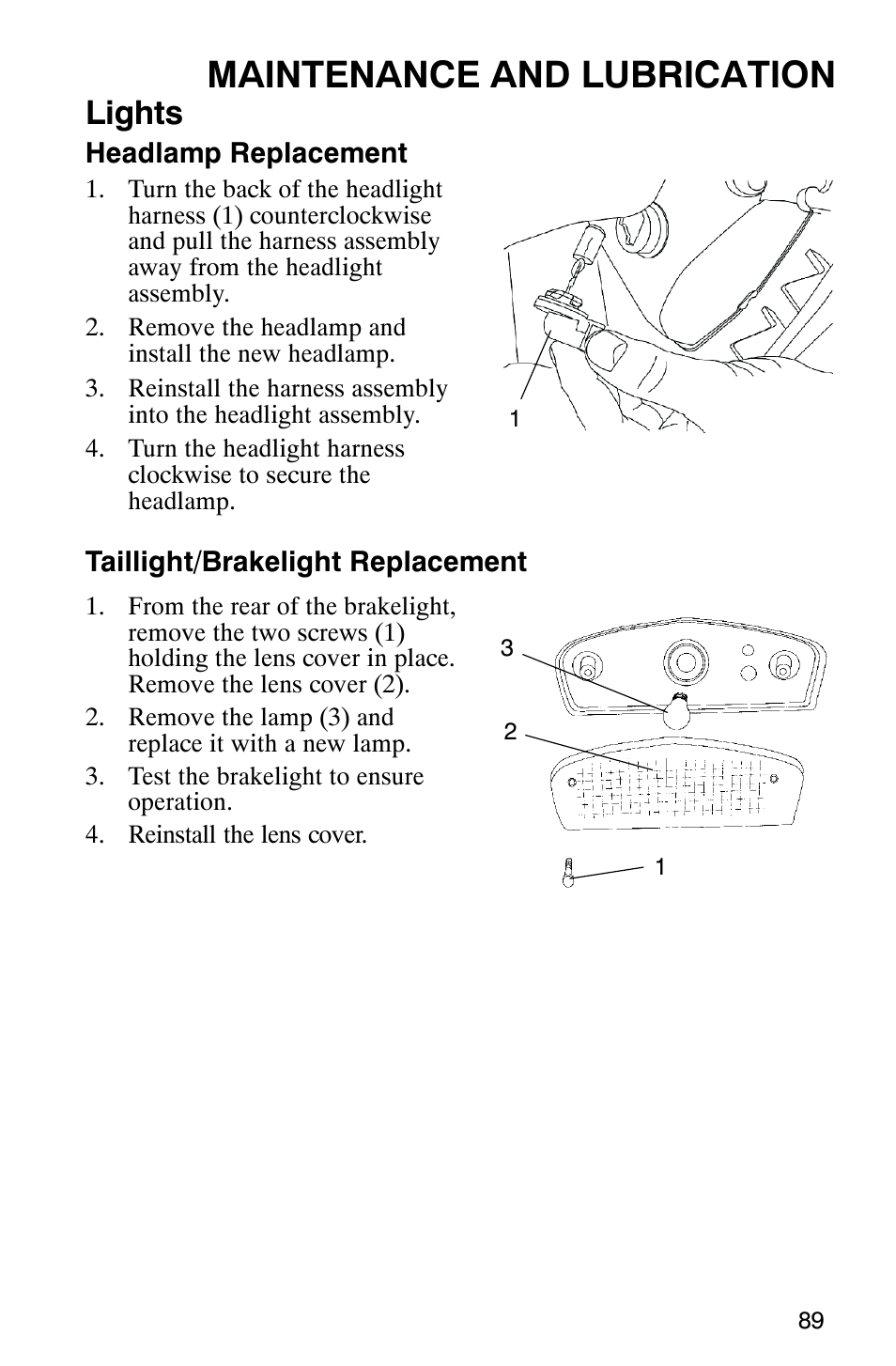Maintenance and lubrication, Lights | Polaris Hawkeye 4x4 User Manual | Page 92 / 134