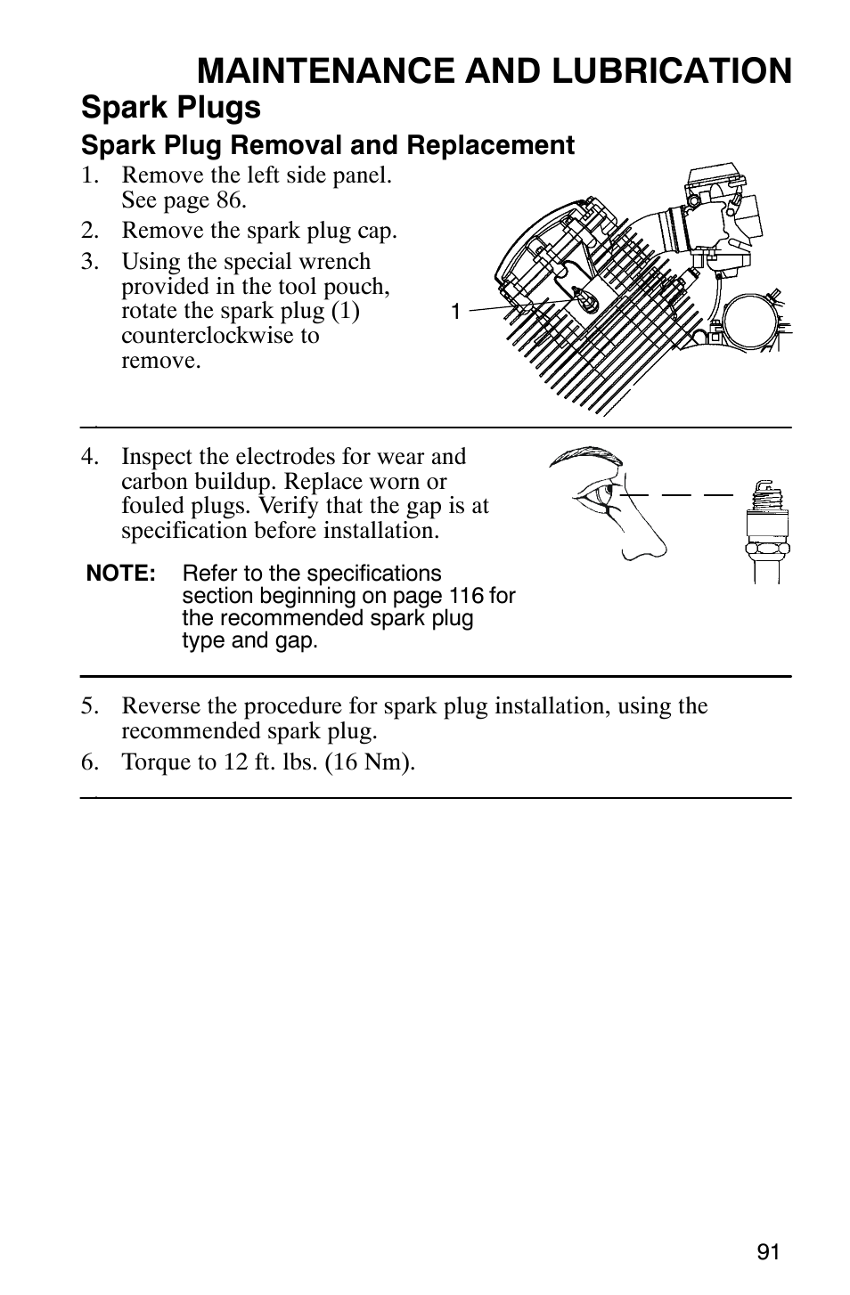 Maintenance and lubrication, Spark plugs | Polaris Hawkeye 4x4 User Manual | Page 94 / 134