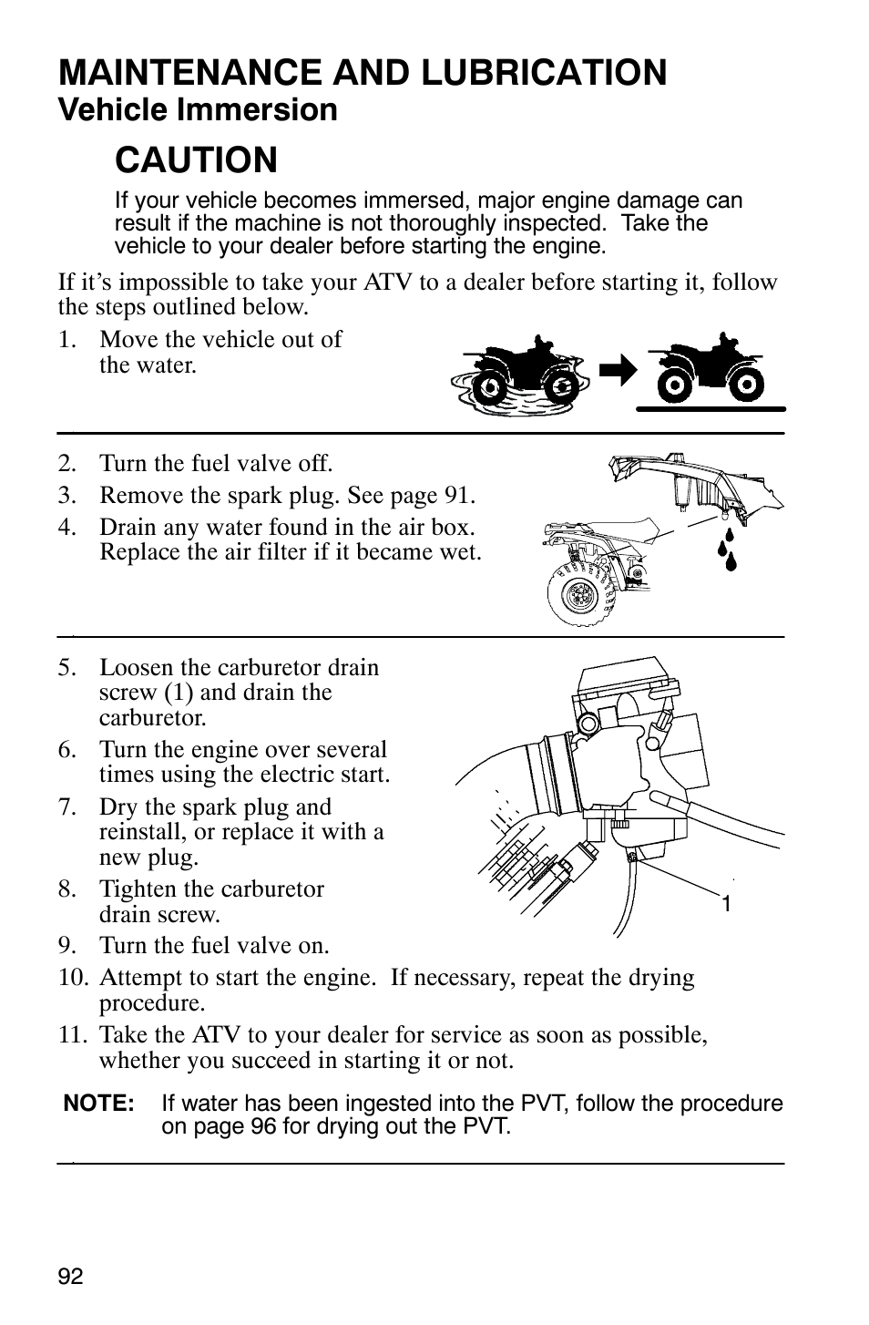 Maintenance and lubrication, Caution, Vehicle immersion | Polaris Hawkeye 4x4 User Manual | Page 95 / 134