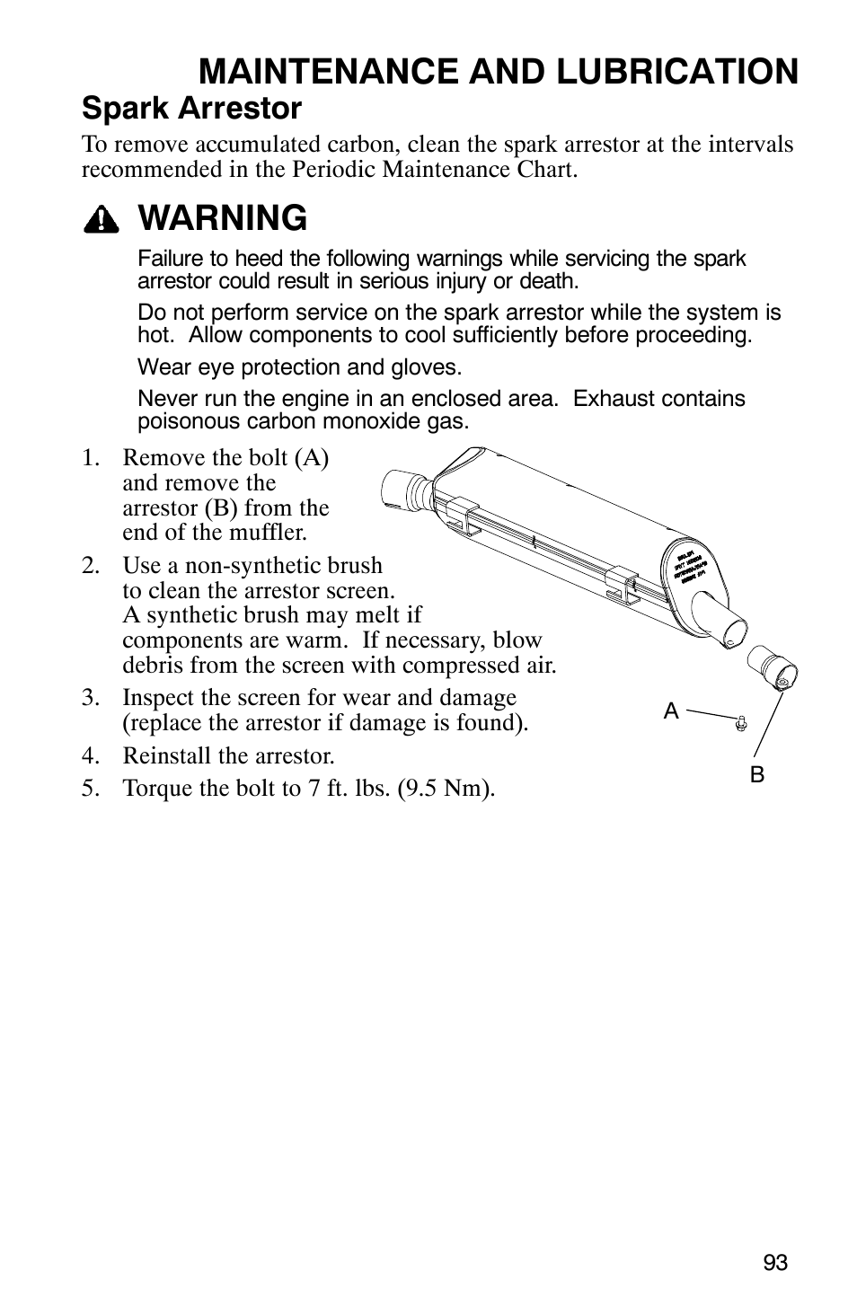 Maintenance and lubrication, Warning, Spark arrestor | Polaris Hawkeye 4x4 User Manual | Page 96 / 134