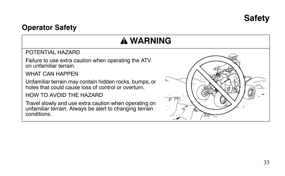 Safety, Warning | Polaris Outlaw 525 IRS User Manual | Page 38 / 220