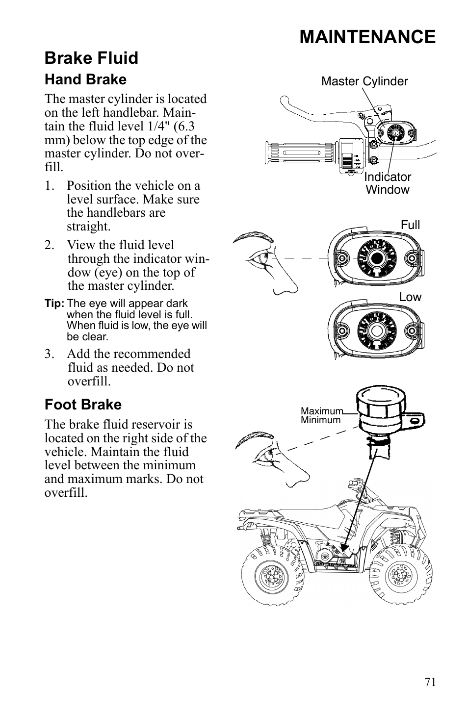 Maintenance, Brake fluid, Hand brake | Foot brake | Polaris Hawkeye 922362 User Manual | Page 74 / 126
