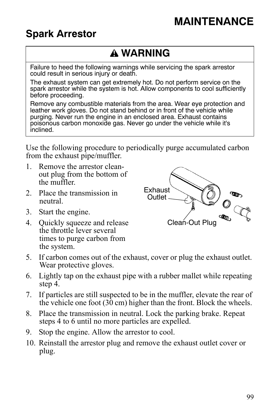 Maintenance, Spark arrestor, Warning | Polaris Sportsman 9921309 User Manual | Page 102 / 145