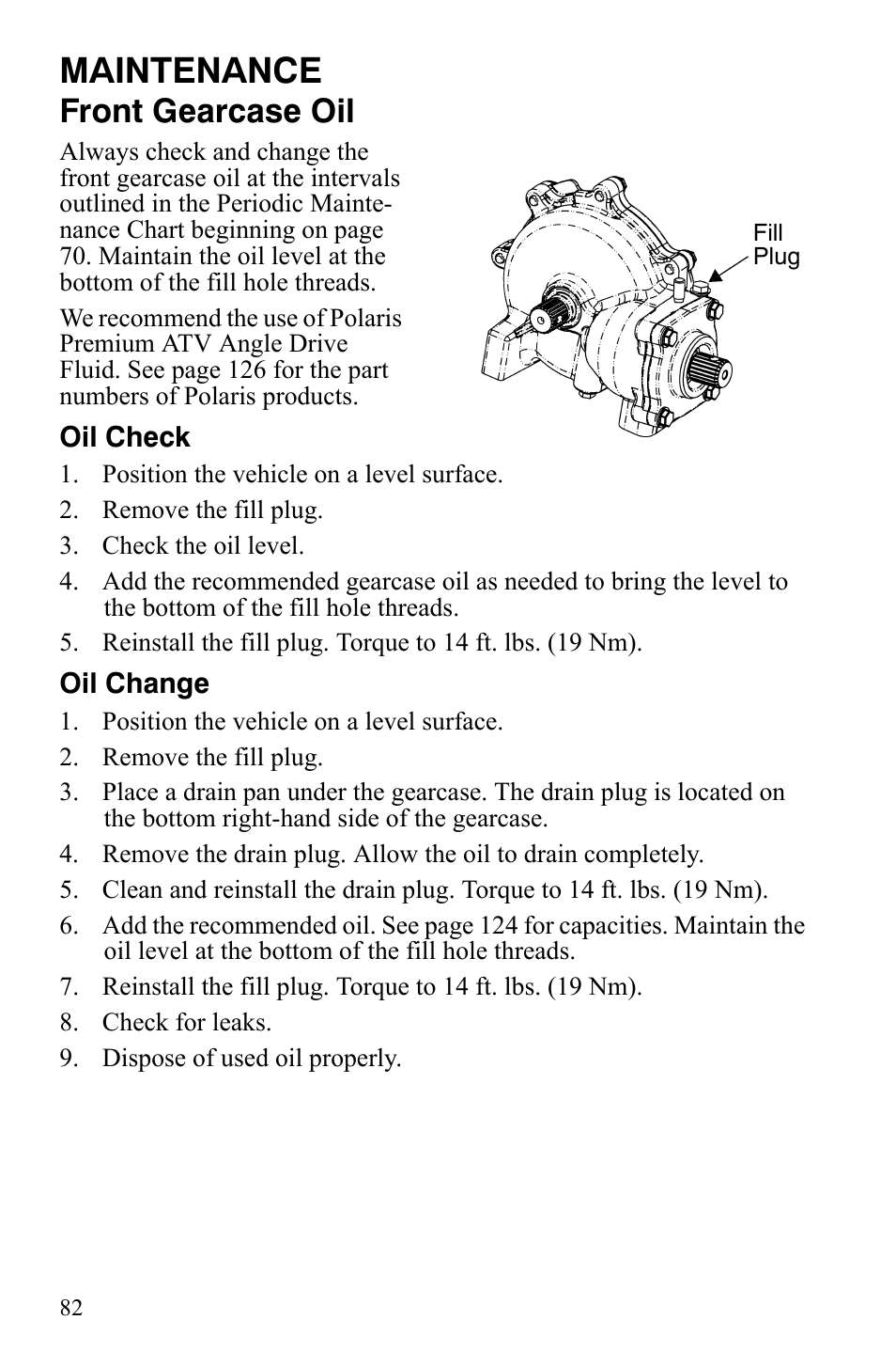 Maintenance, Front gearcase oil | Polaris Sportsman 9921309 User Manual | Page 85 / 145