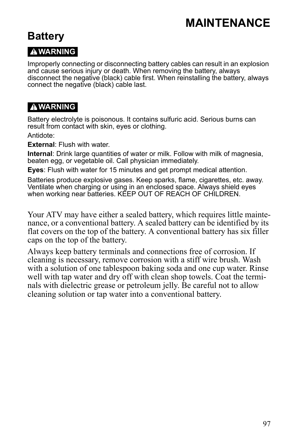 Maintenance, Battery | Polaris Sportsman 9922247 User Manual | Page 101 / 137